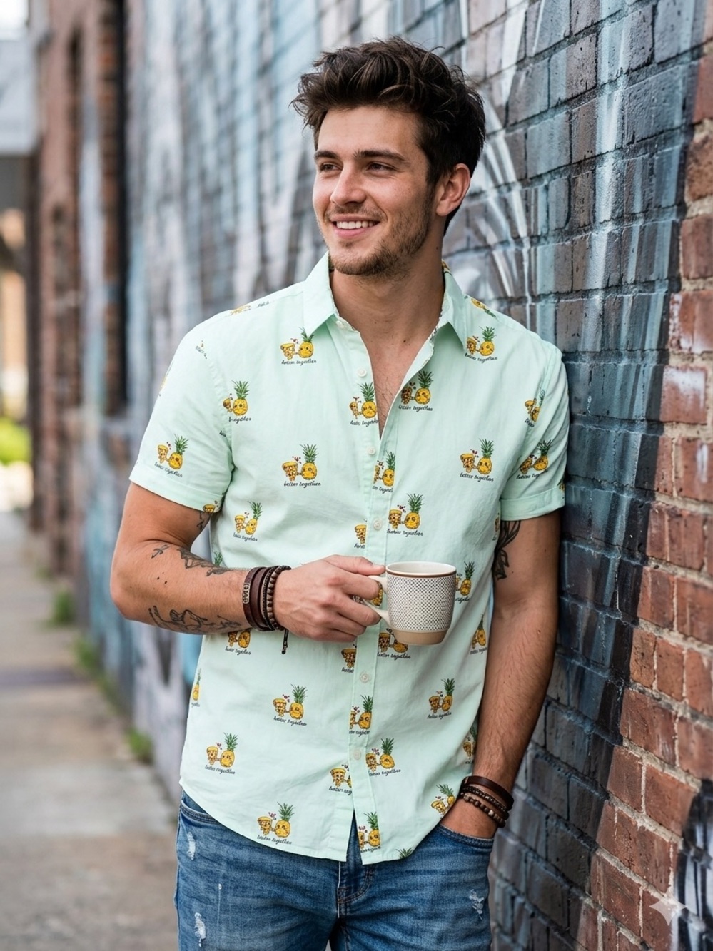 Denim & Flower Ricky Singh
"Better Together" pineapple & pizza button down